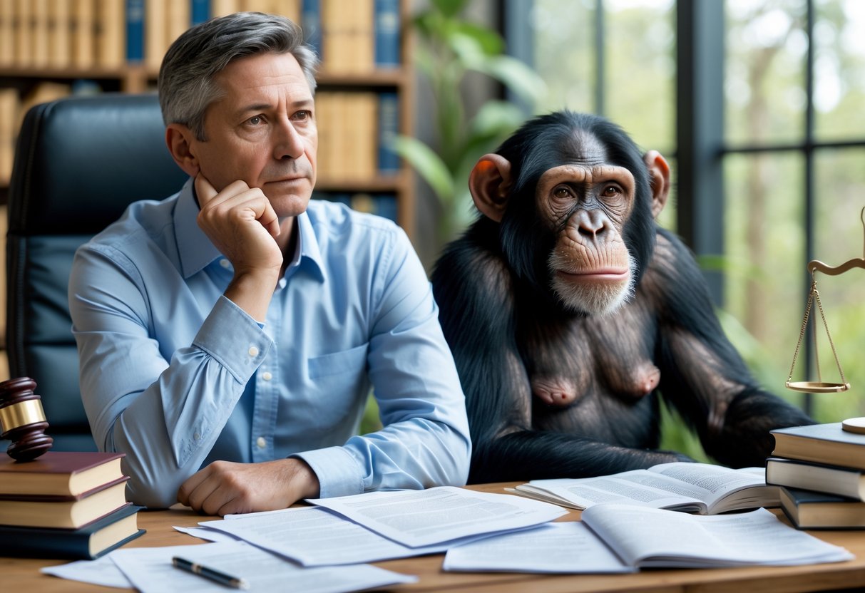 A person sitting at a desk with legal books and documents, looking thoughtfully at a chimpanzee in a natural enclosure visible through a window.