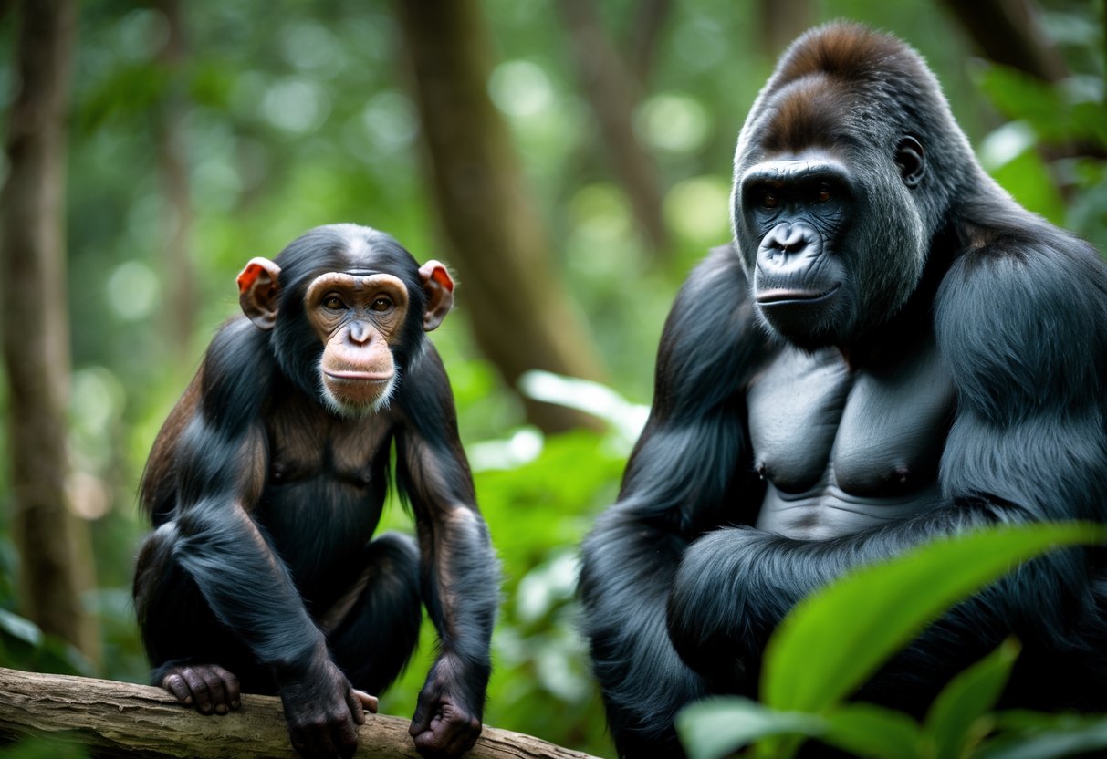 A chimpanzee and a gorilla standing side by side in a forest, showing the gorilla's larger size and muscular build compared to the smaller chimpanzee.