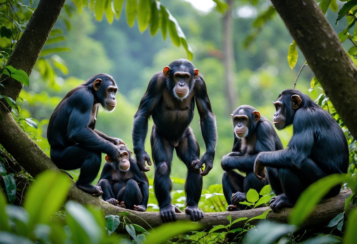 A group of chimpanzees interacting in a green forest with one adult male standing while others groom and rest nearby.
