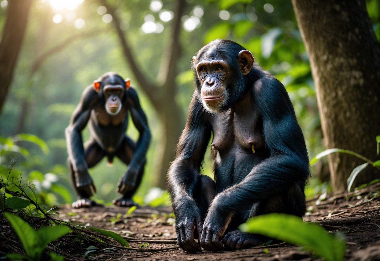 A female chimpanzee sitting calmly in a forest with a male chimpanzee standing at a distance in the background.