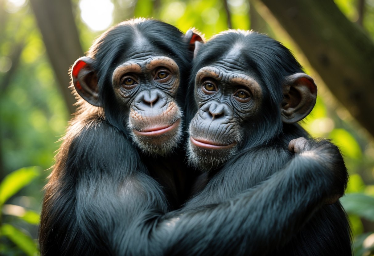Two chimpanzees gently hugging each other in a green forest setting.