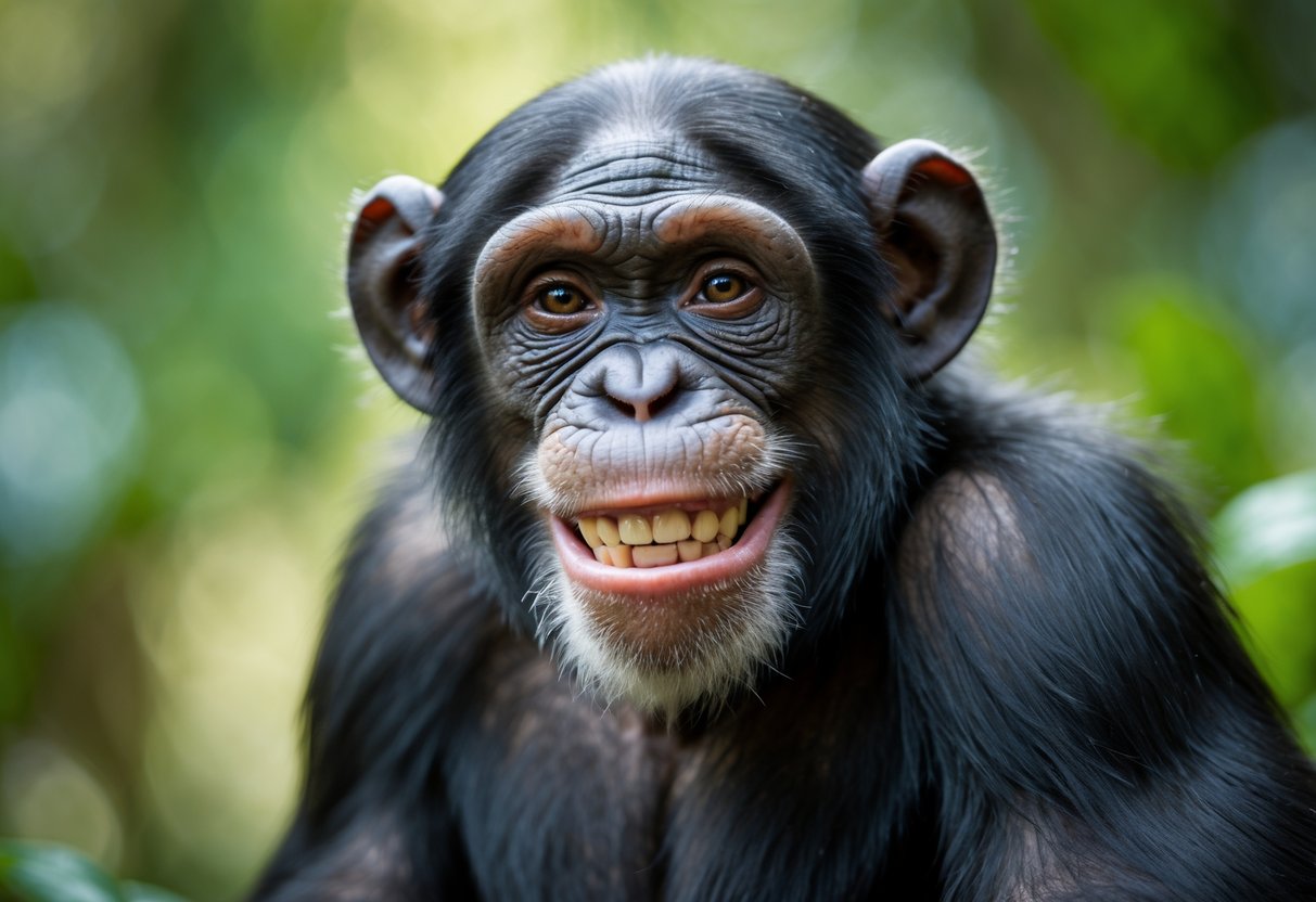A chimpanzee smiling warmly while looking directly at the camera with green foliage in the background.