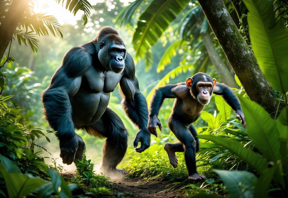 A gorilla and a chimpanzee running side by side in a dense jungle.