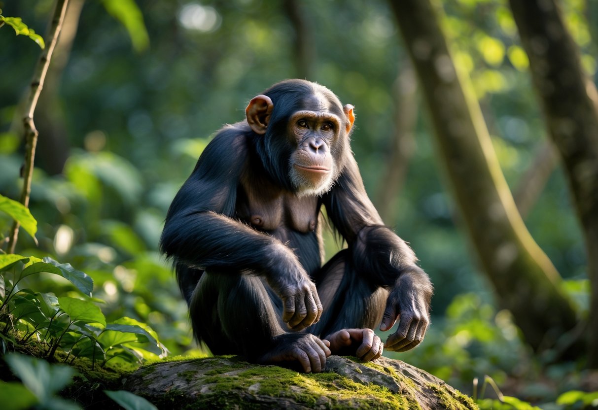 A chimpanzee sitting on a mossy rock in a forest, gently rocking back and forth.