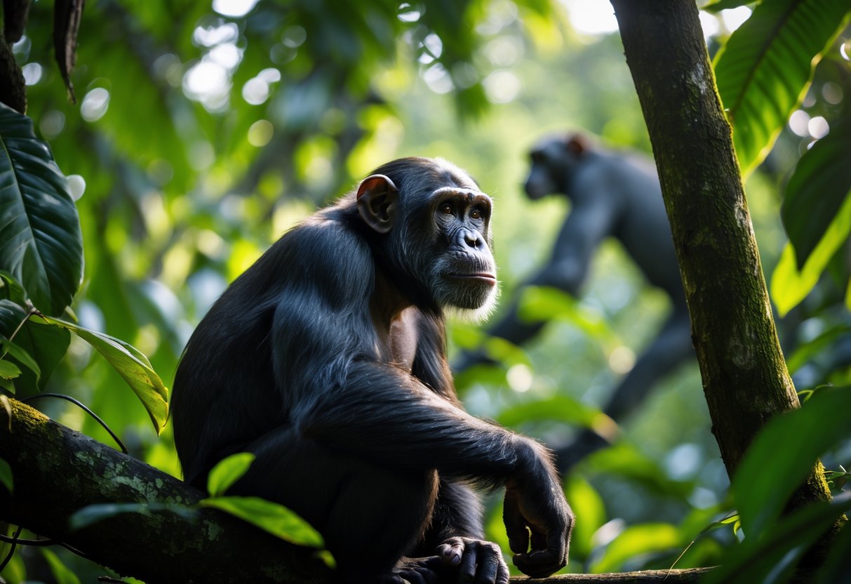 A chimpanzee perched on a tree branch in a dense forest, looking alert with a leopard silhouette hidden in the background among the trees.