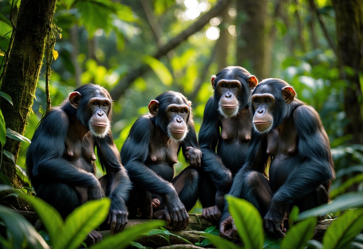 A group of chimpanzees in a forest, alert and close together, appearing to watch their surroundings.