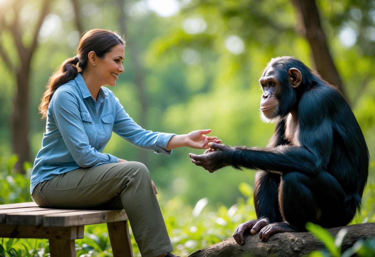 A woman and a chimpanzee reaching out to touch hands in a forest clearing.