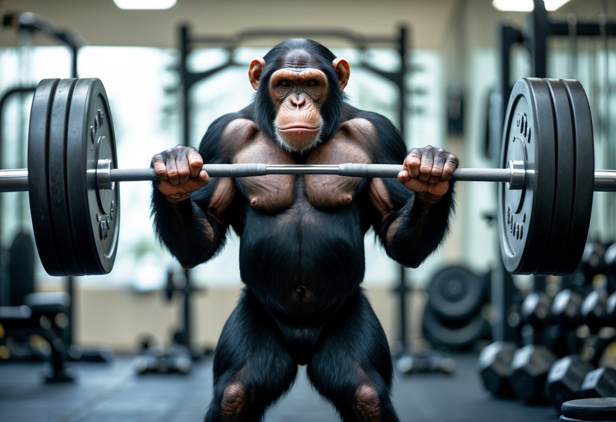 A chimpanzee lifting a heavy barbell in a gym.
