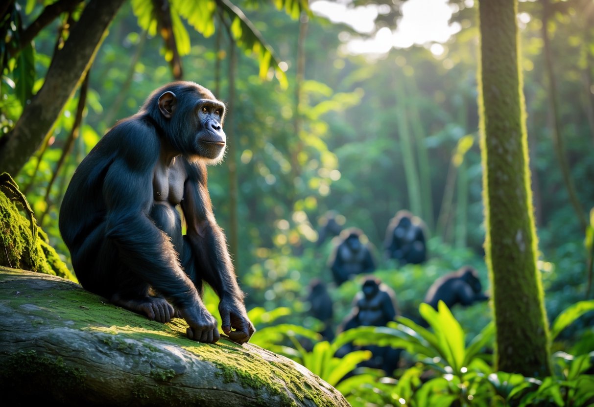 A chimpanzee sitting on a rock looking towards a group of gorillas foraging in a dense rainforest.