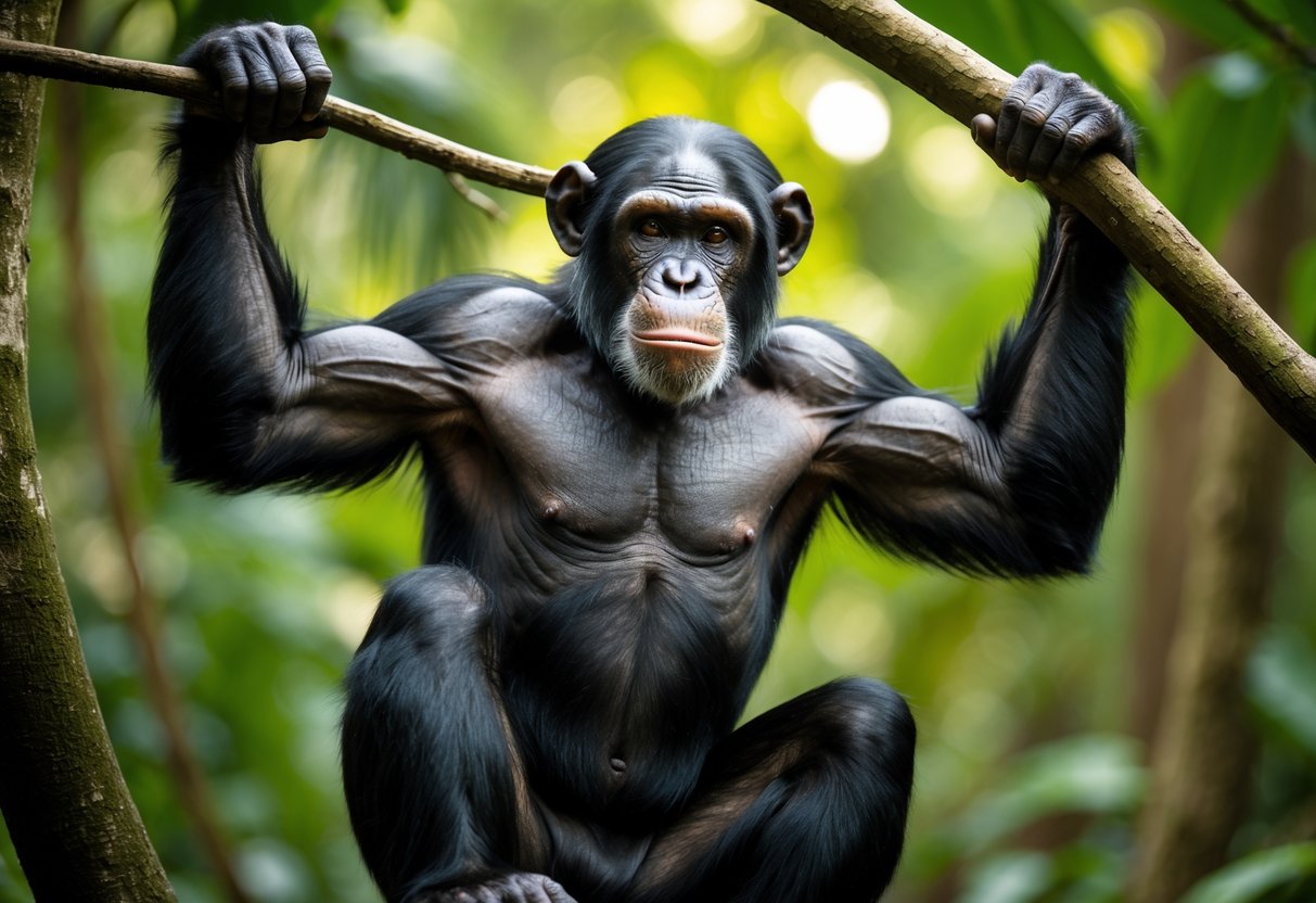 A strong adult chimpanzee hanging from a tree branch in a green jungle.