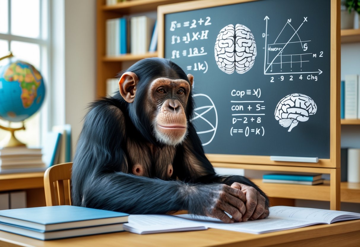 A chimpanzee sitting at a desk, looking thoughtfully at a chalkboard with mathematical formulas and brain diagrams in a study room.