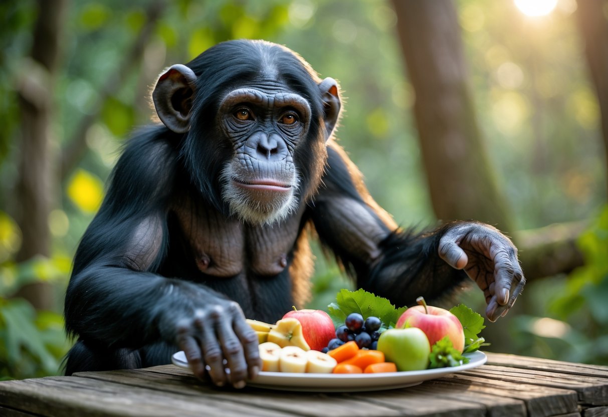 A chimpanzee reaching towards a plate of fresh fruits and vegetables on a wooden table in a forest setting.