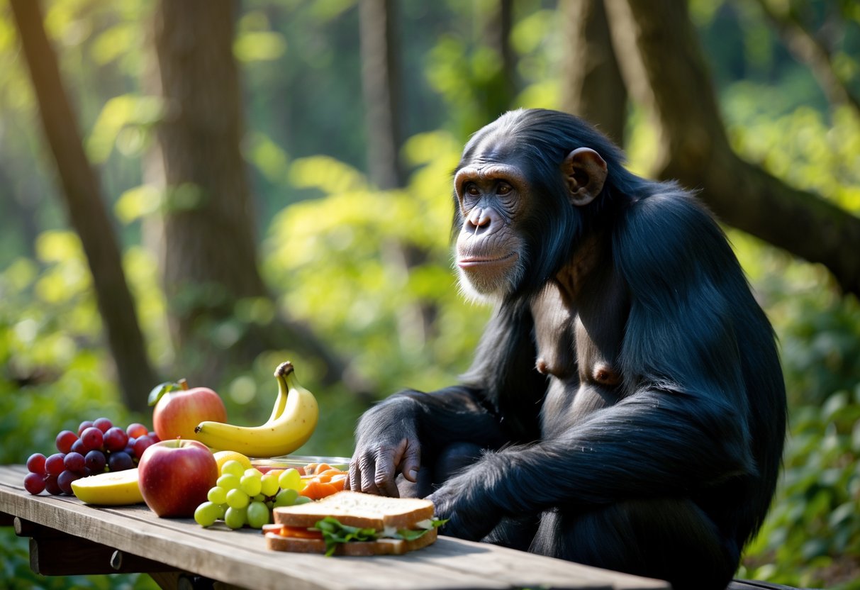 A chimpanzee sitting near a picnic table with various human foods such as fruits and a sandwich in a forest setting.