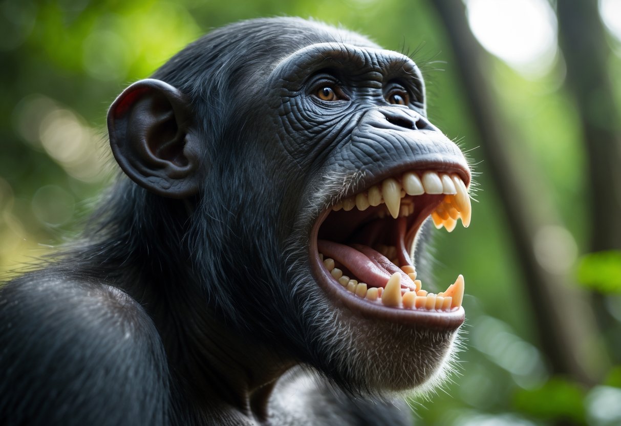 Close-up of a chimpanzee with its mouth open, showing its teeth and powerful jaws against a forest background.