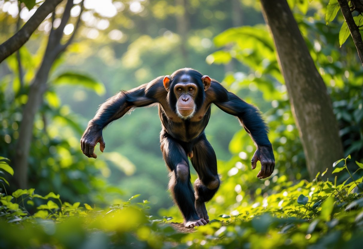 A chimpanzee running quickly through a forest with green trees and sunlight in the background.