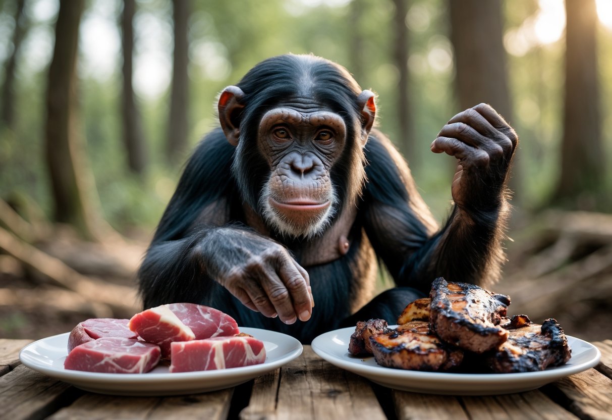 A chimpanzee outdoors looks at two plates of meat, one raw and one cooked, while reaching towards the cooked meat.