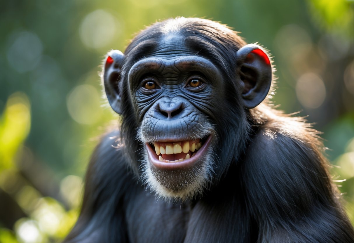 Close-up of a smiling chimpanzee with bright eyes in a natural outdoor setting.