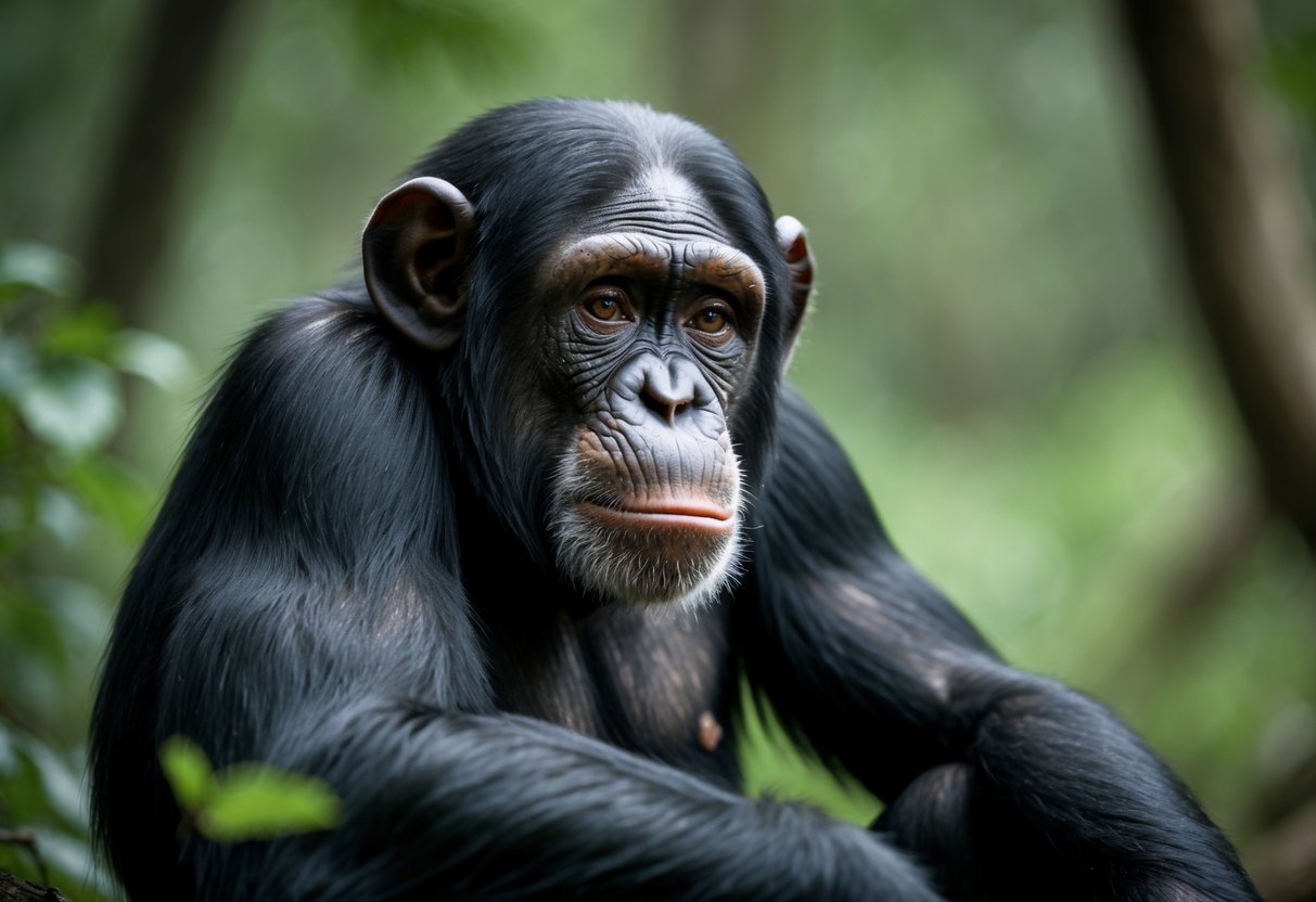 Close-up of a chimpanzee sitting in a forest with watery eyes and a sad expression.