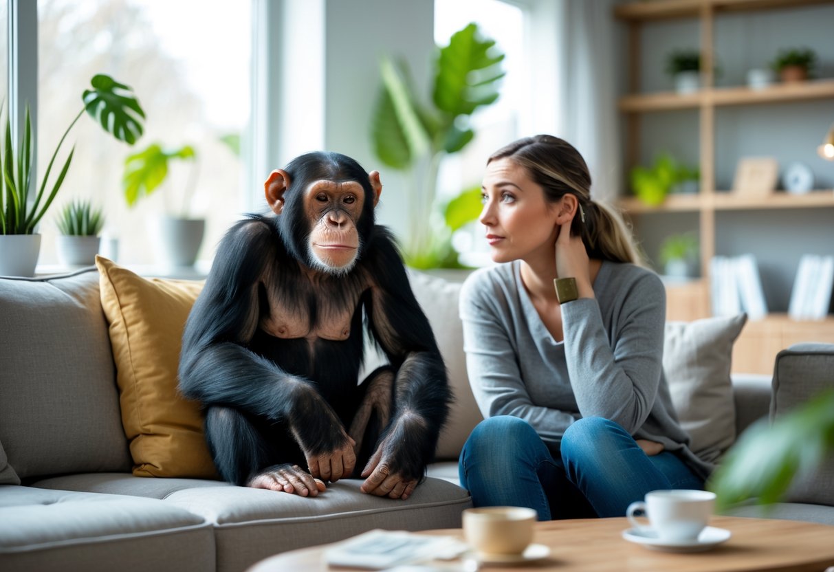A chimpanzee sitting calmly on a sofa next to a person in a modern living room.