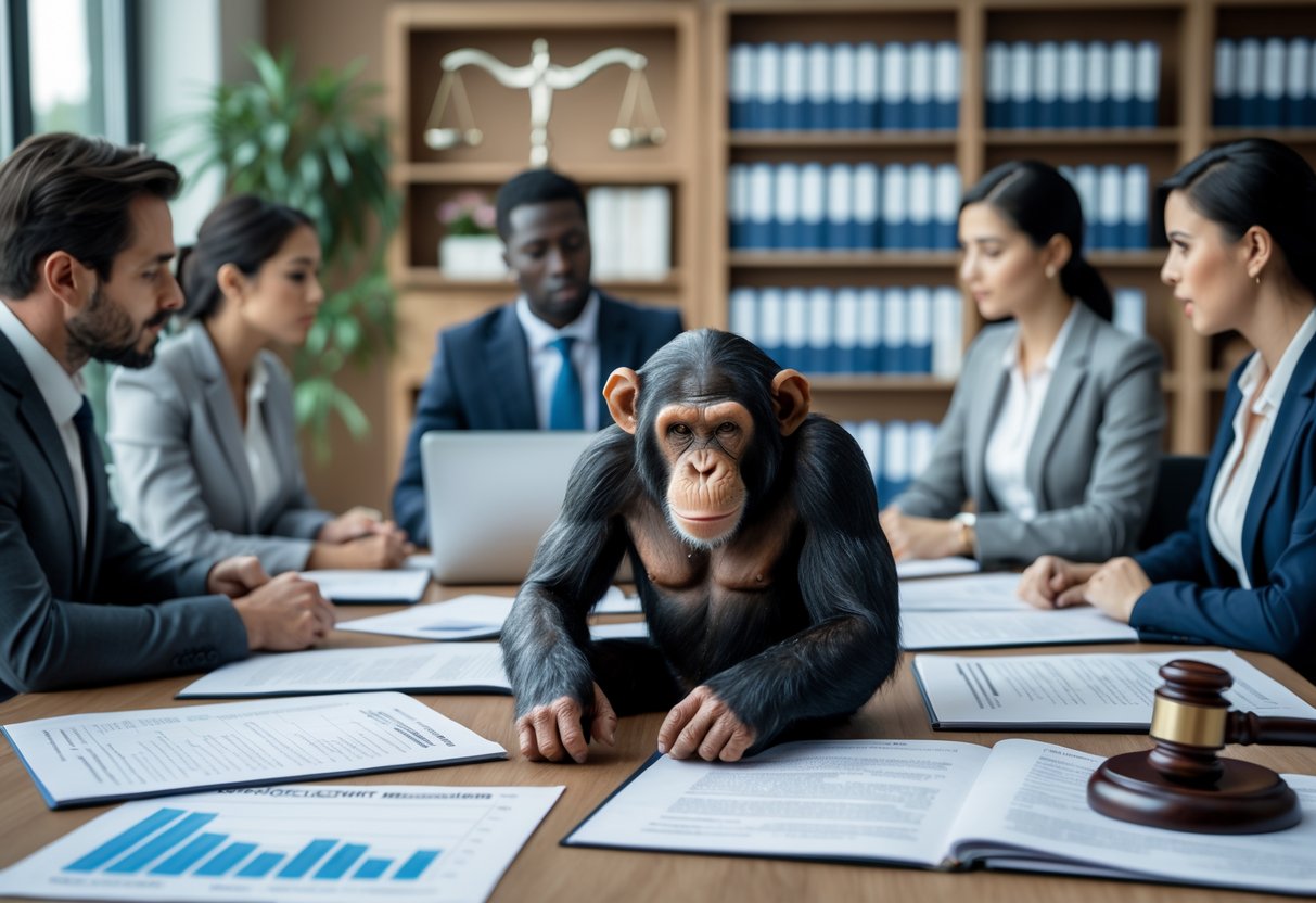A group of professionals discussing around a conference table with legal documents and a chimpanzee figure, symbolizing considerations about chimpanzees as pets.