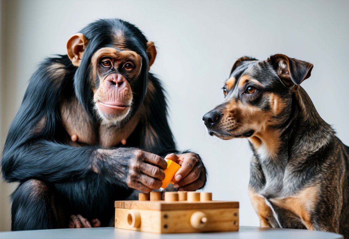 A chimpanzee and a dog sitting side by side, both focused on puzzle toys in a bright indoor setting.