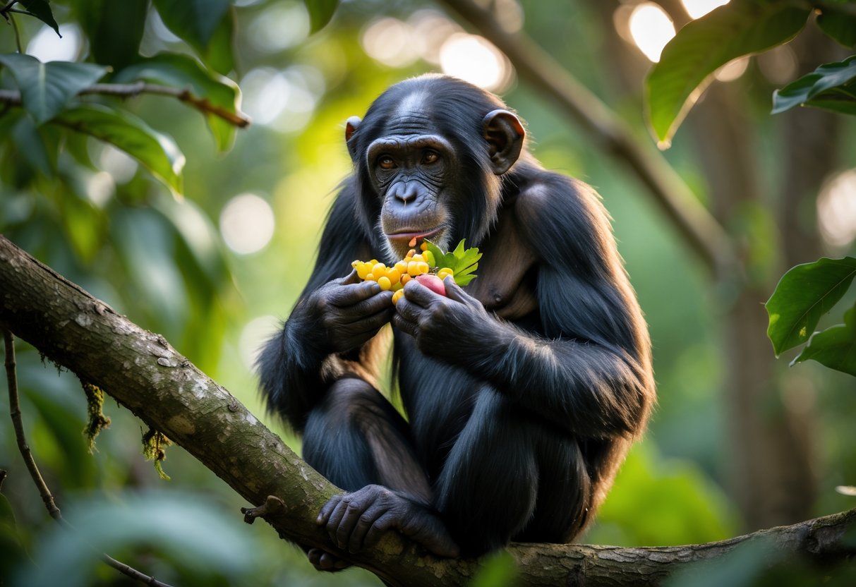 A chimpanzee sitting on a tree branch in a forest eating fruits and leaves.
