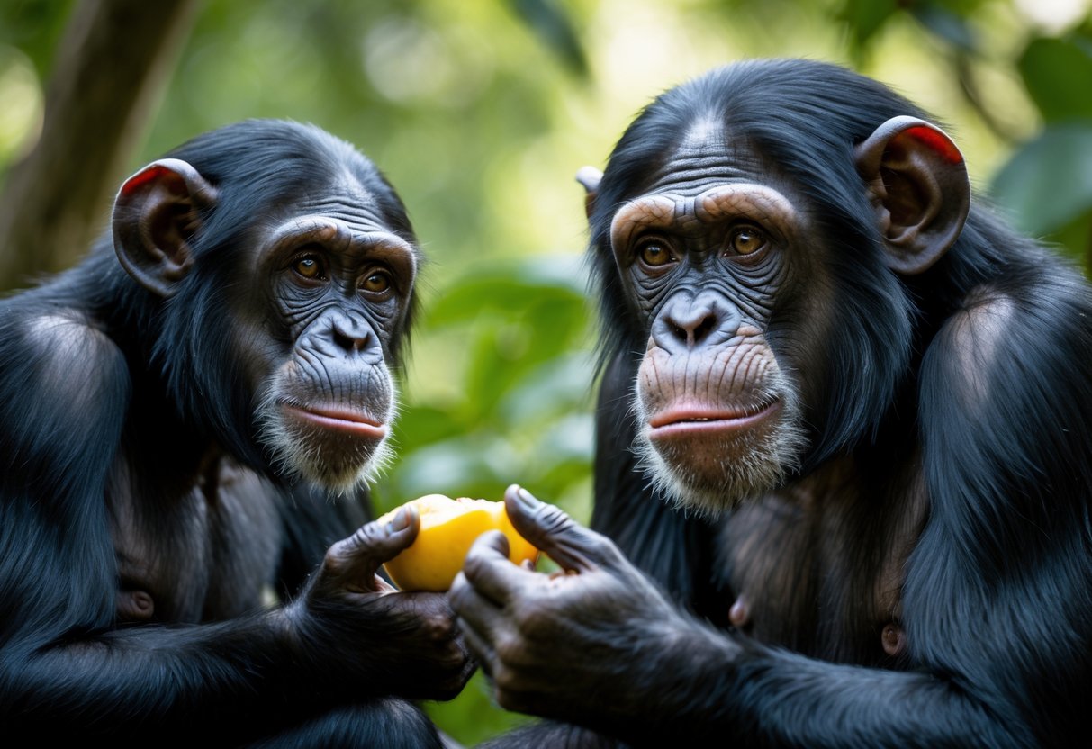 Two chimpanzees in a forest, one holding fruit while the other looks at it with a focused expression.
