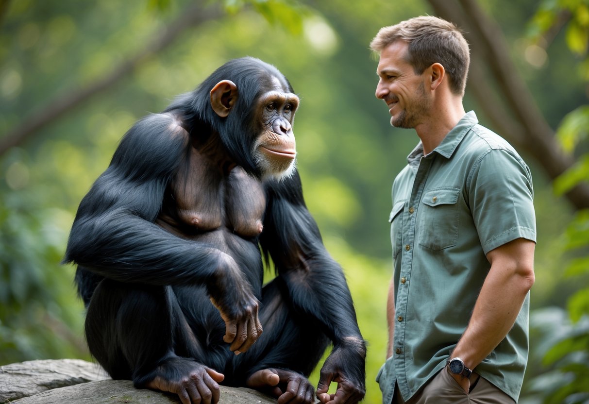 A chimpanzee sitting on a rock and a man standing nearby in a forest, both looking at each other calmly.