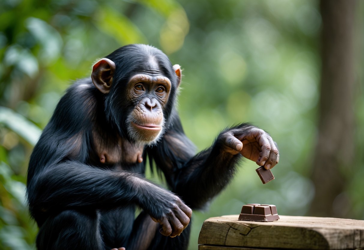 A chimpanzee reaching towards a piece of chocolate on a wooden surface in a forest setting.
