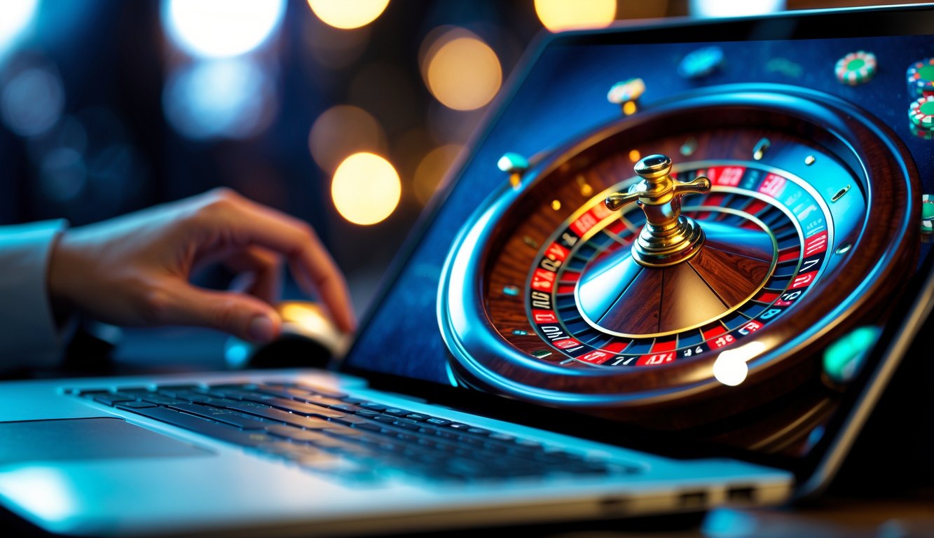 Sebuah meja permainan roulette online interaktif yang ditampilkan di layar komputer dengan latar belakang samar dan pencahayaan lembut.