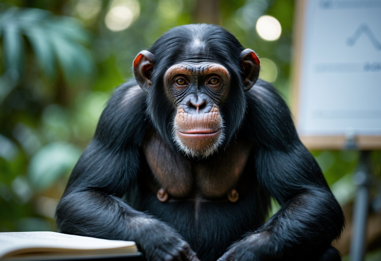 A chimpanzee sitting thoughtfully in a natural environment, looking forward with an expressive face.