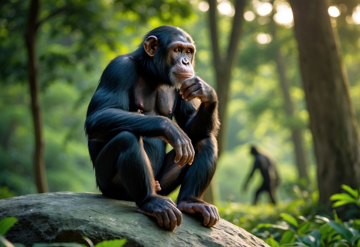 A chimpanzee sitting thoughtfully on a rock in a forest clearing with a faint human silhouette visible in the background.