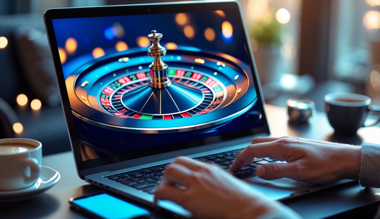 Seseorang bermain roulette online di depan layar komputer dengan roda roulette berputar dan suasana nyaman di rumah.