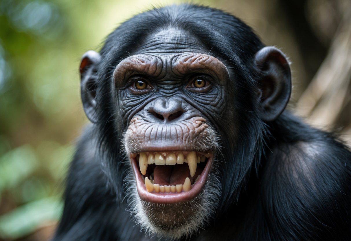 Close-up of a chimpanzee showing its teeth with an angry expression in a jungle setting.