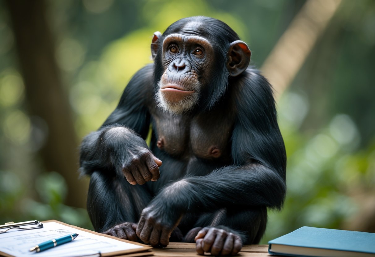 A chimpanzee sitting thoughtfully near a table with scientific notes and a notebook in a natural outdoor setting.