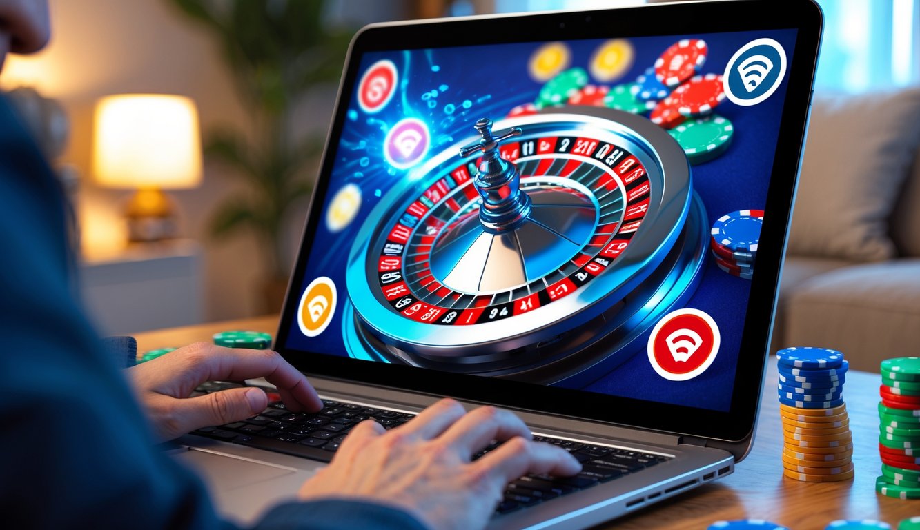 Seorang pemain menggunakan laptop untuk bermain roulette online dengan roda roulette berwarna cerah dan tumpukan chip di layar.