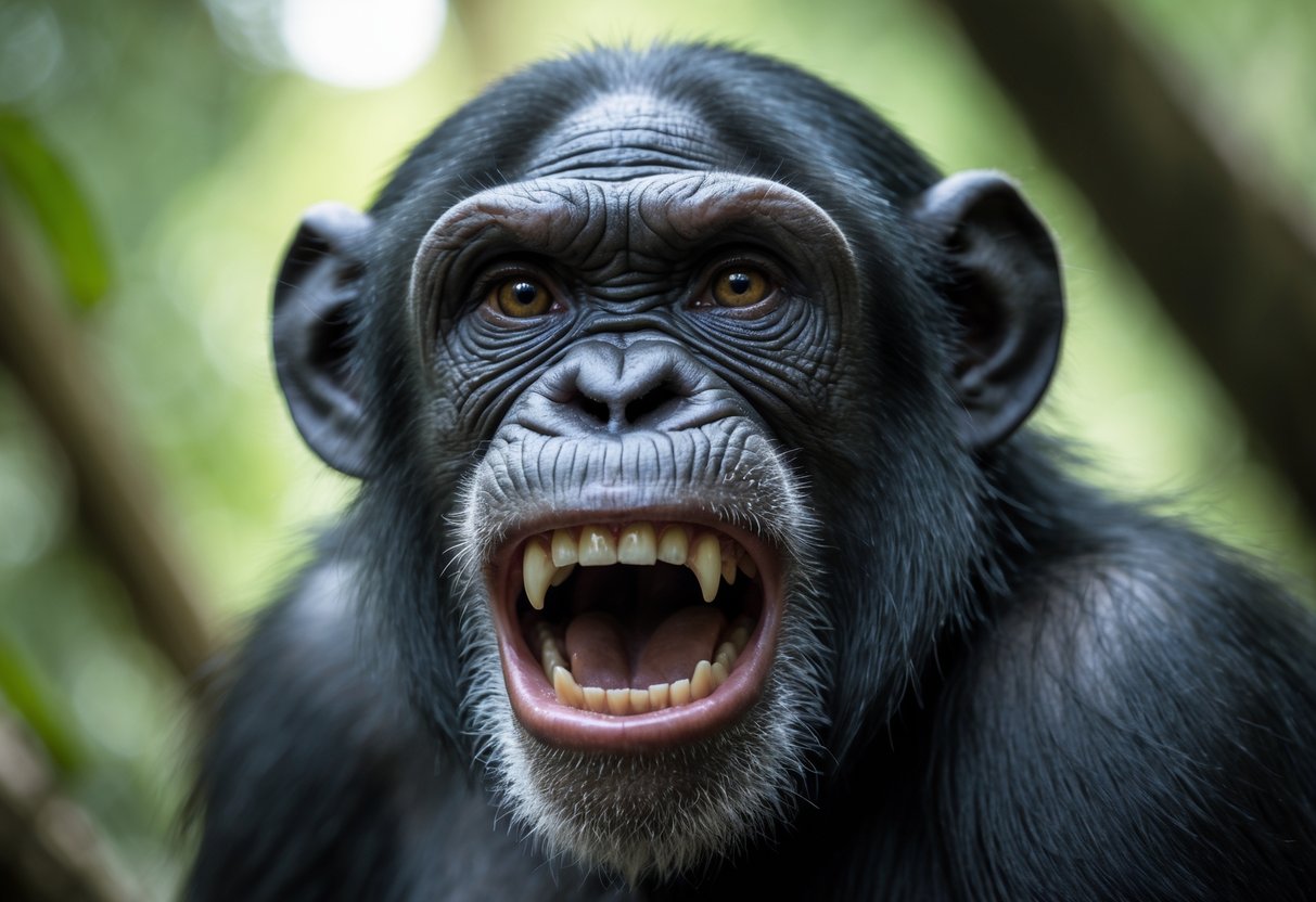 Close-up of a chimpanzee showing its teeth with an intense expression in a forest setting.