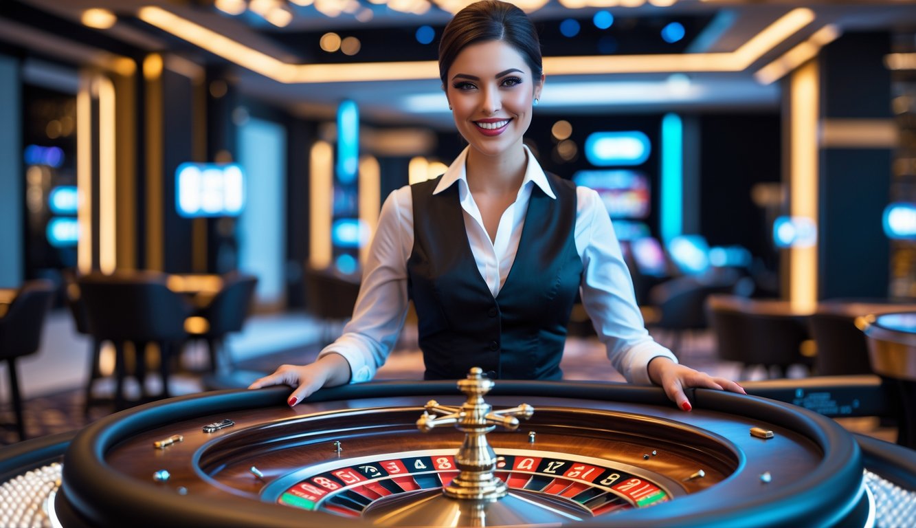 Seorang dealer profesional berdiri di belakang meja roulette modern dengan latar belakang kasino yang stylish.