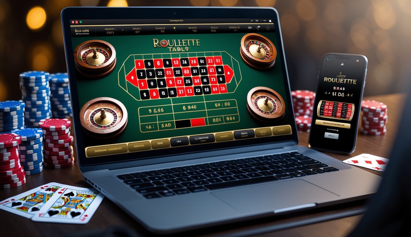 Layar laptop menampilkan berbagai pilihan meja roulette lengkap dalam permainan kasino online dengan chip poker dan kartu di sekitar meja.