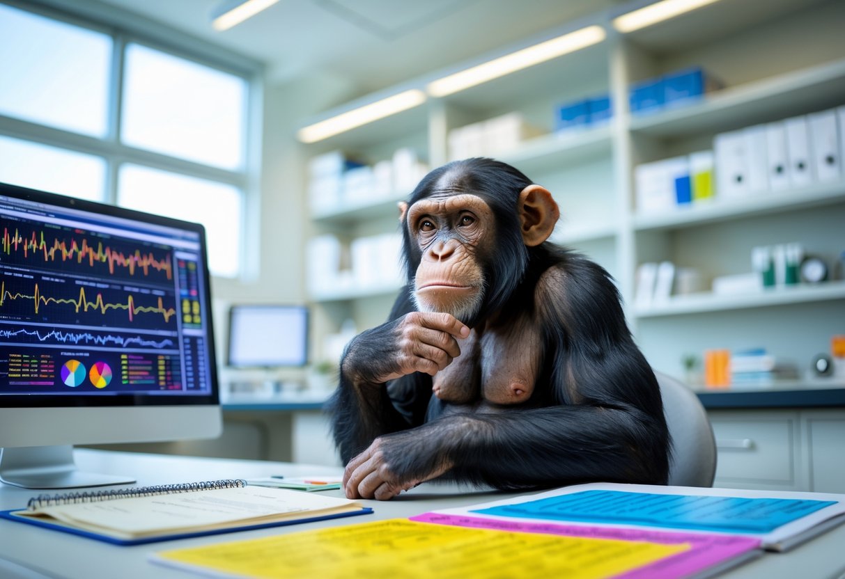 A chimpanzee sitting thoughtfully at a desk in a research laboratory surrounded by scientific equipment.