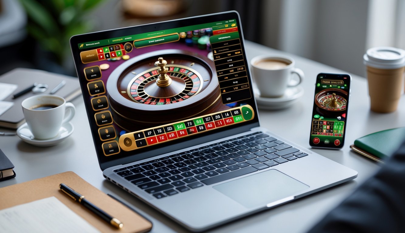 Seorang pengguna sedang bermain roulette online di laptop dan smartphone di atas meja kerja yang rapi dengan cangkir kopi dan alat tulis.