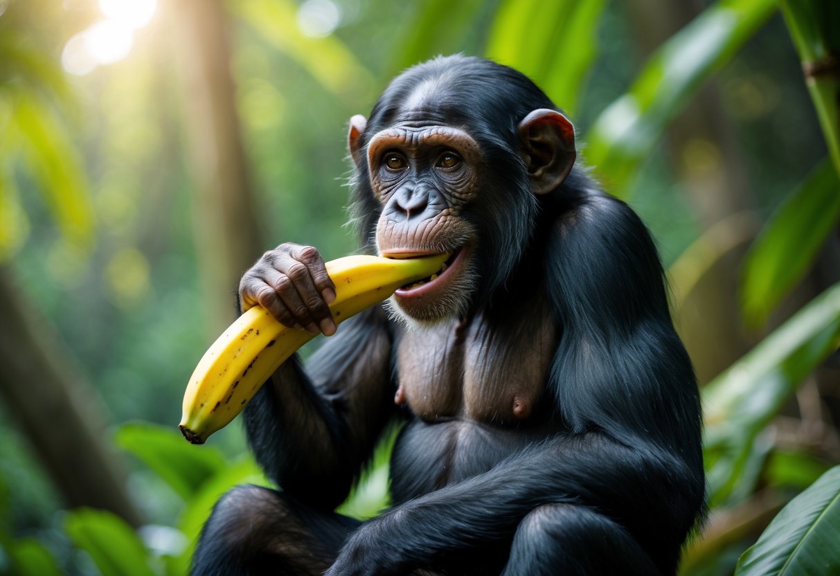 A chimpanzee sitting in a jungle eating a banana.