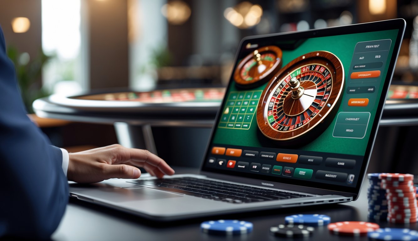 Seseorang menggunakan komputer yang menampilkan permainan roulette online dengan roda roulette yang sedang berputar secara langsung.