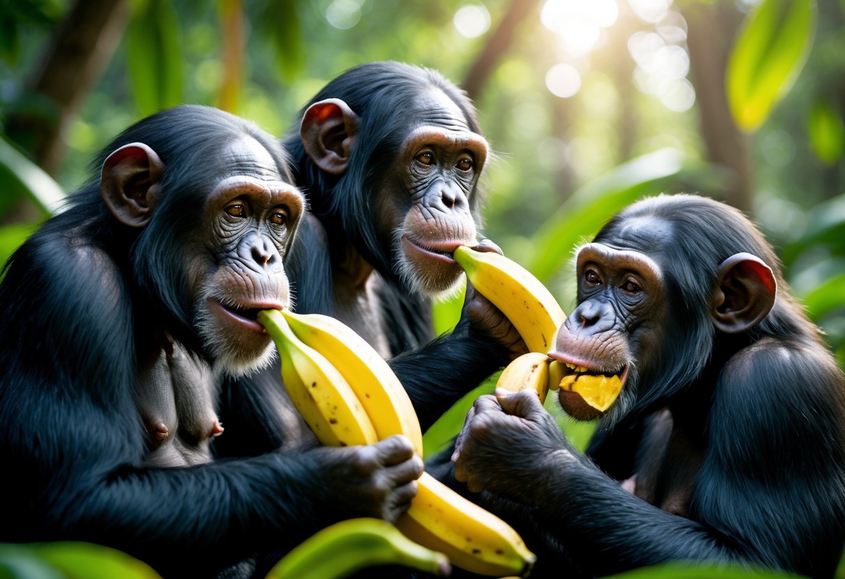 A group of chimpanzees eating bananas in a green forest.