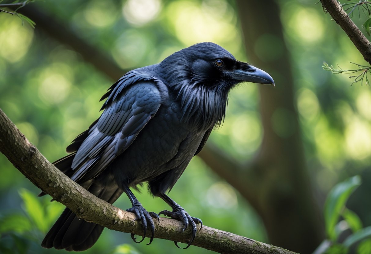 A raven perched on a tree branch in a forest, looking alert and intelligent.