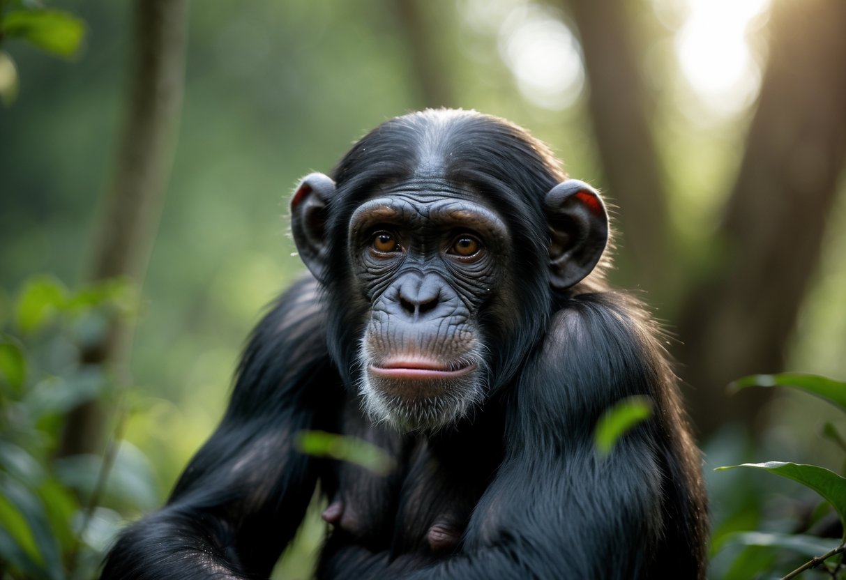 A close-up of a chimpanzee with tears near its eyes sitting quietly in a forest.