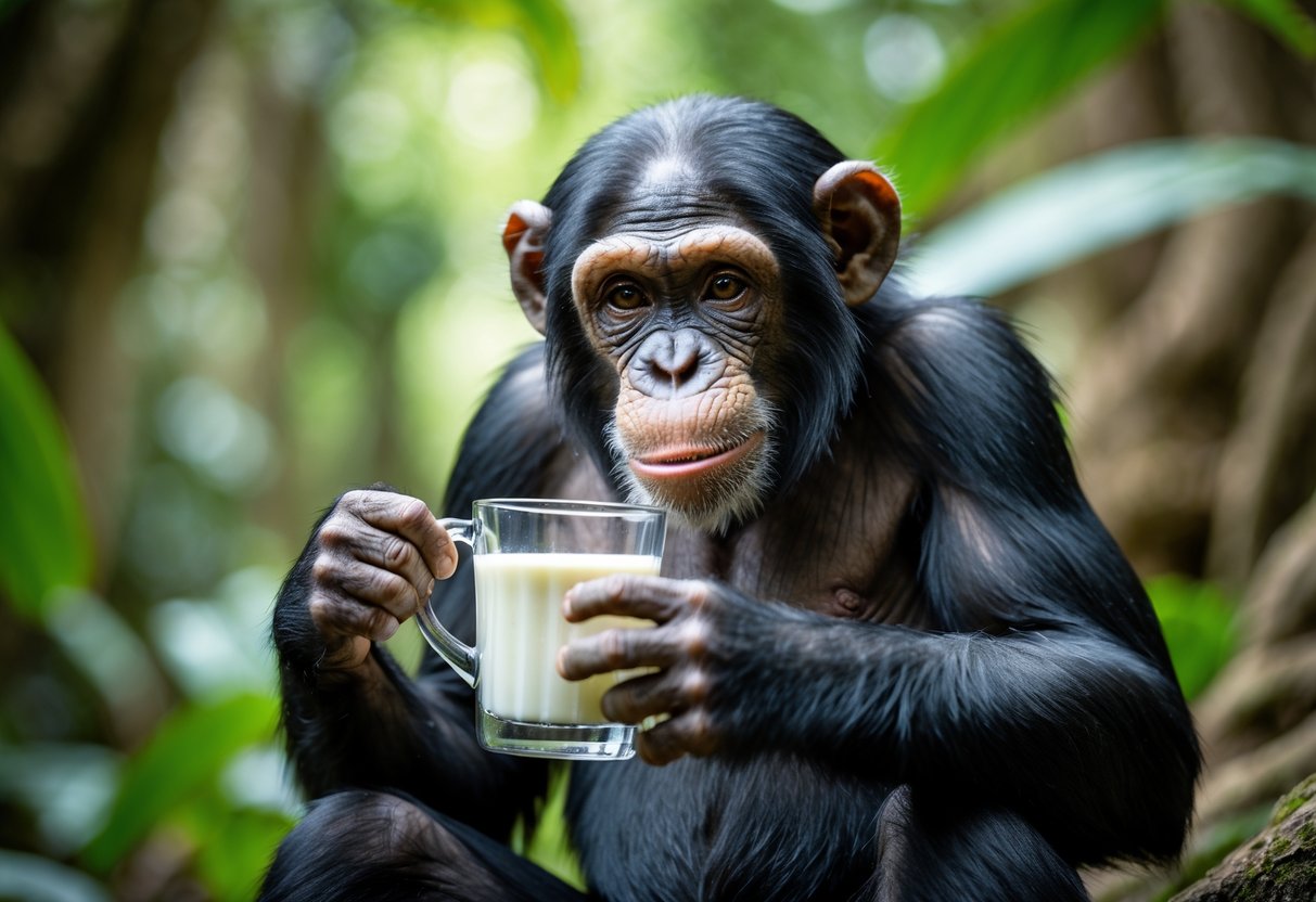 A chimpanzee holding a glass of milk close to its mouth in a jungle setting.