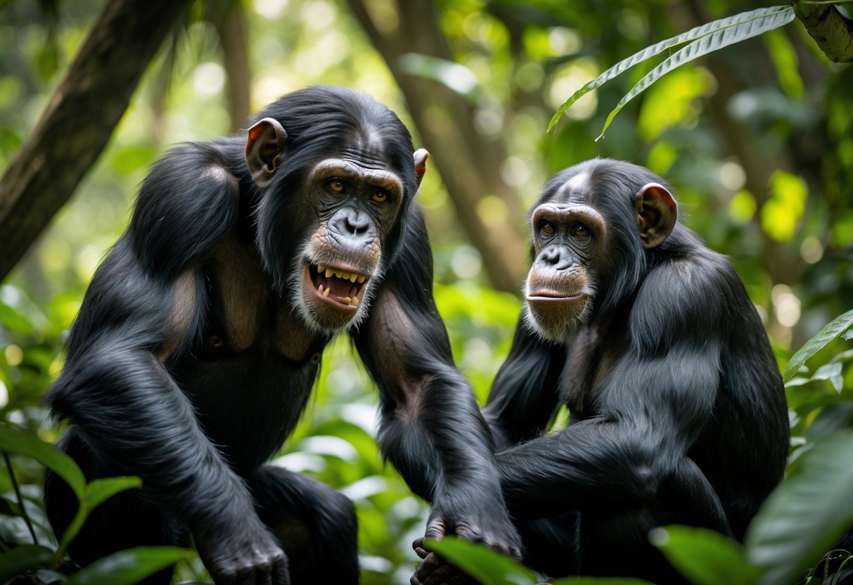 A male chimpanzee showing aggressive behavior near a calm female chimpanzee in a forest setting.