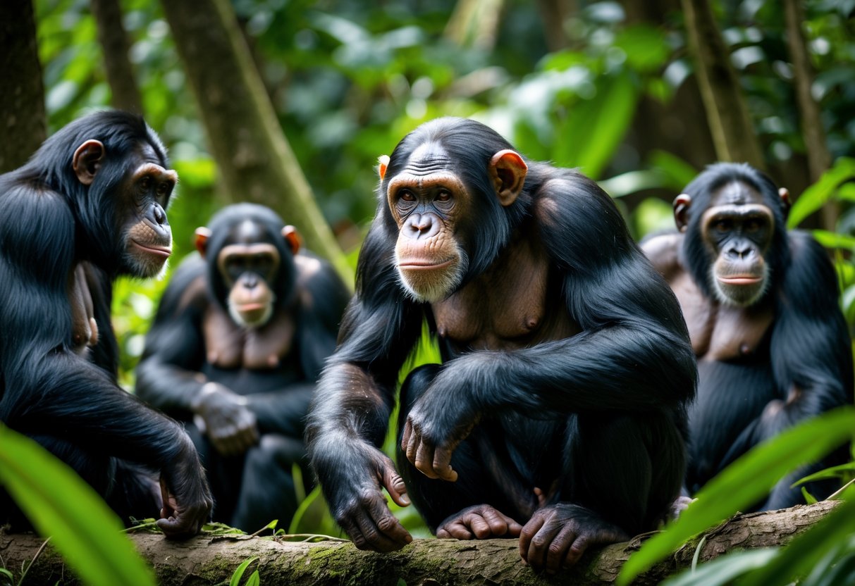 A group of chimpanzees and other great apes in a jungle, with a male chimpanzee showing a dominant posture and a female chimpanzee nearby.