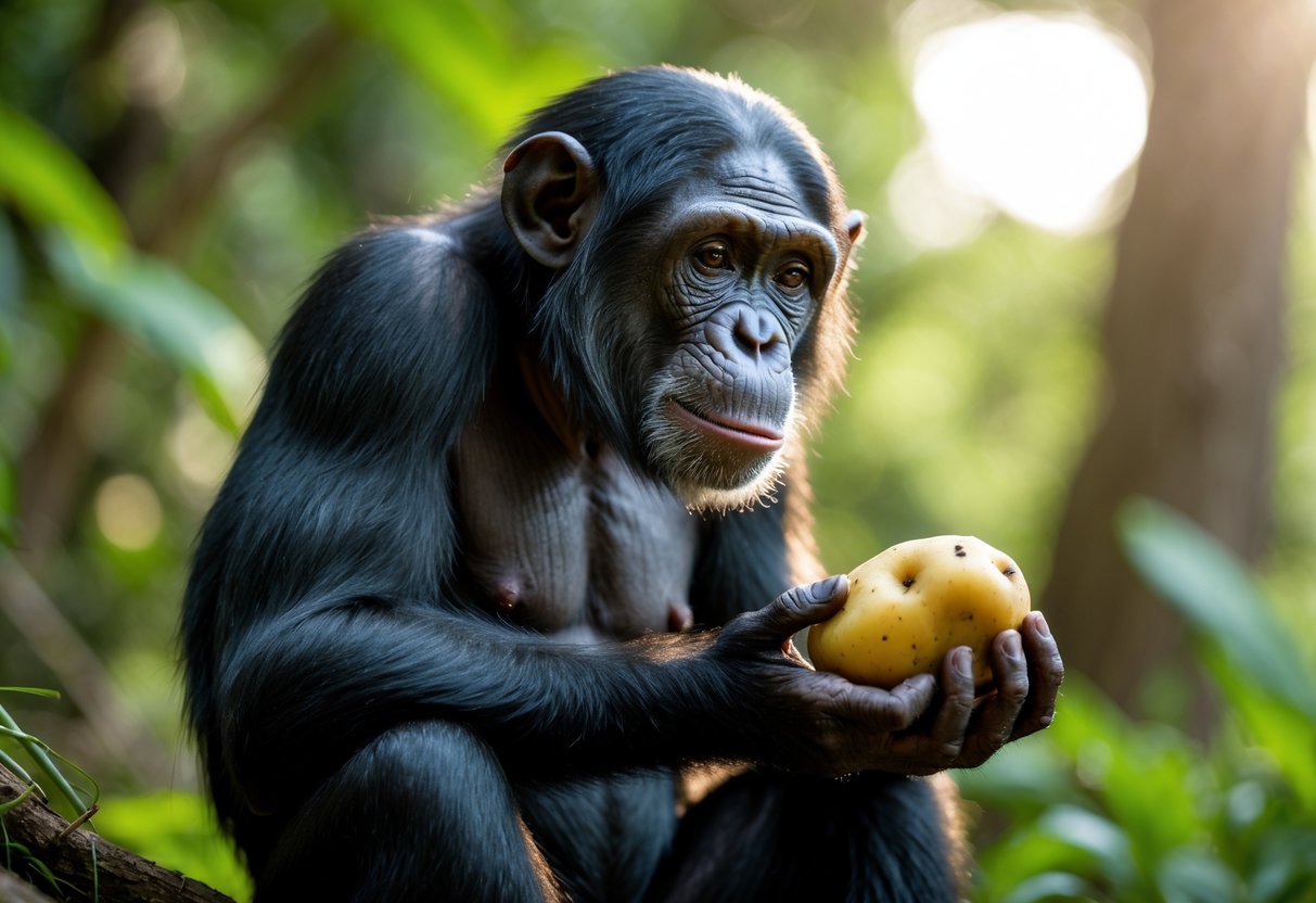 A chimpanzee sitting outdoors holding a raw potato and looking at it.